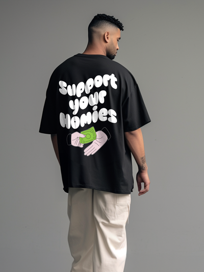 Support Homies- Unisex Funky Oversized Printed T-Shirt | Black